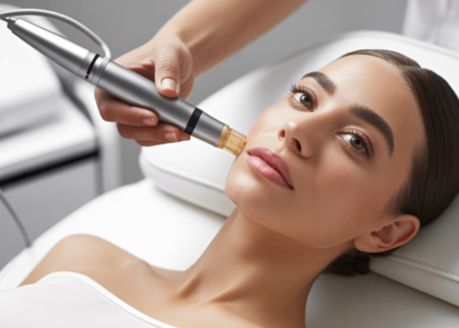 High-quality professional photograph of microneedling treatment using a pen device in a clean MedSpa environment