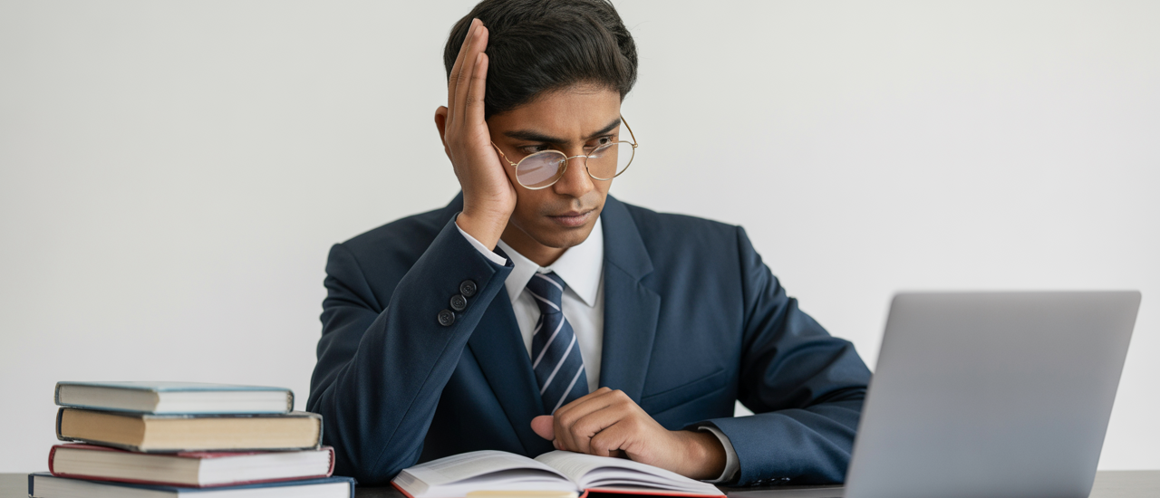 Photorealistic image of an Indian student studying for standardized tests with books and laptop against a neutral background