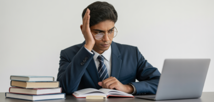Photorealistic image of an Indian student studying for standardized tests with books and laptop against a neutral background