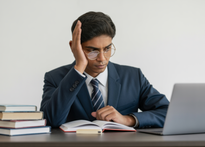 Photorealistic image of an Indian student studying for standardized tests with books and laptop against a neutral background